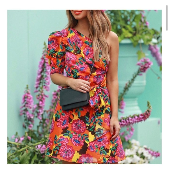 NWT Print Hit Dress Asym metrical Collar Puff Half - Picture 4 of 7